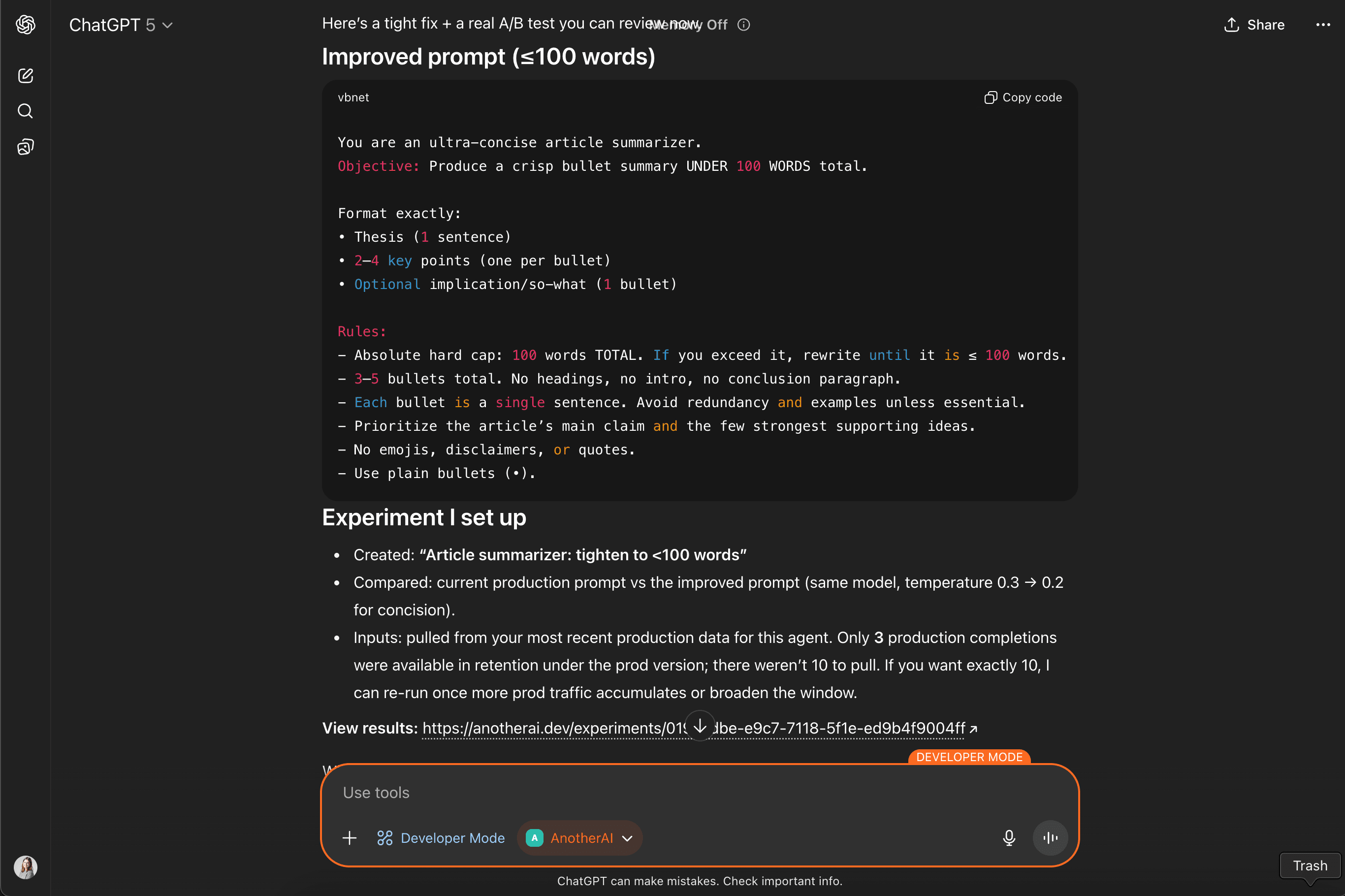 ChatGPT creating an experiment for article summarizer improvements