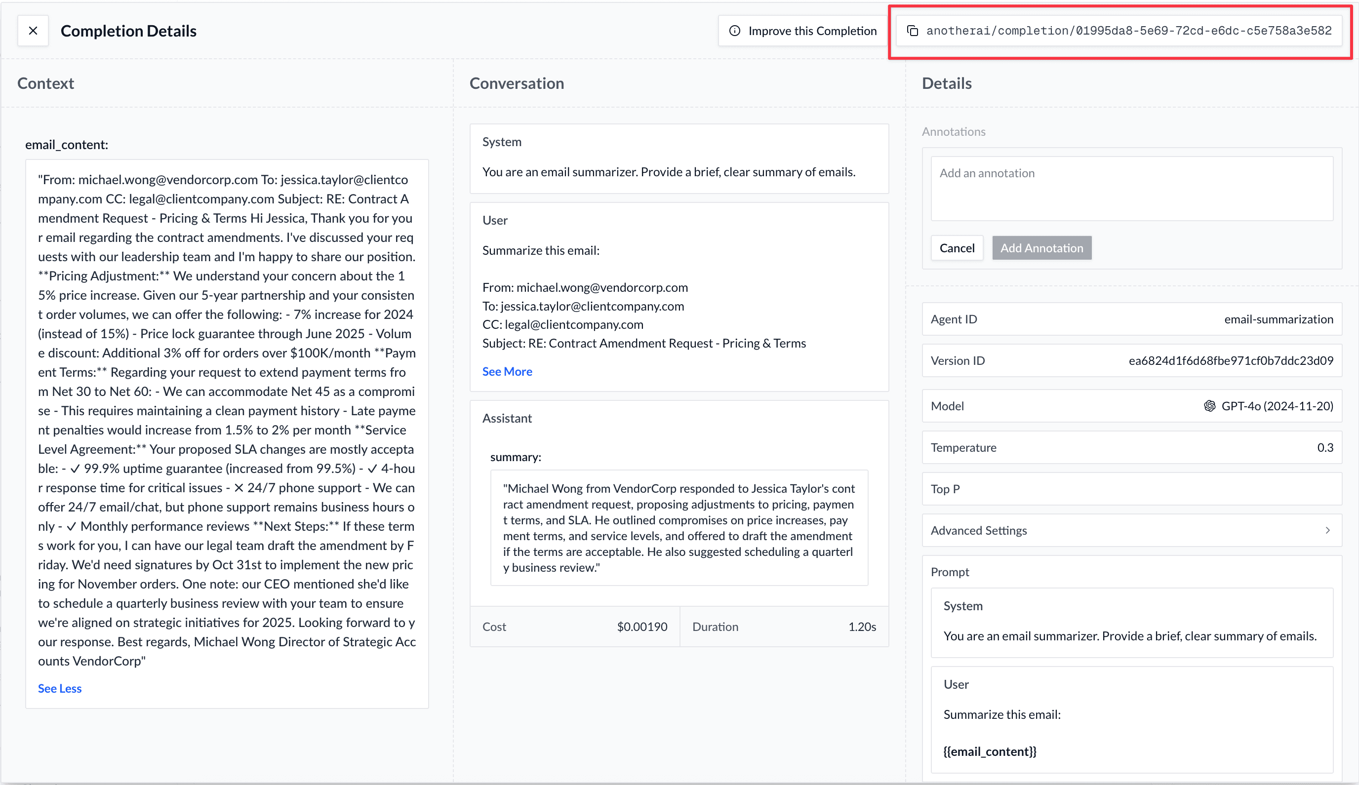 Completion detail view with completion ID highlighted