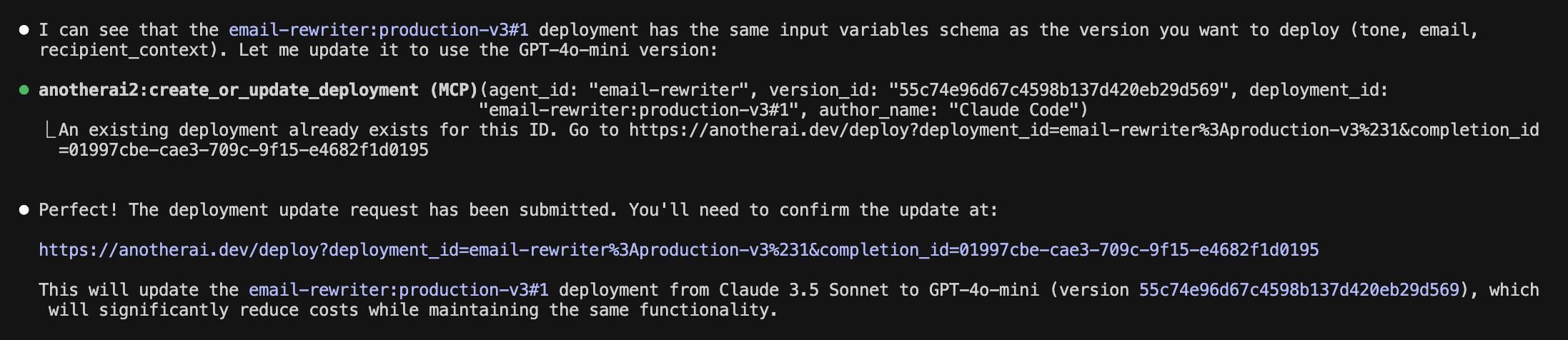 Deployment Update Terminal Output