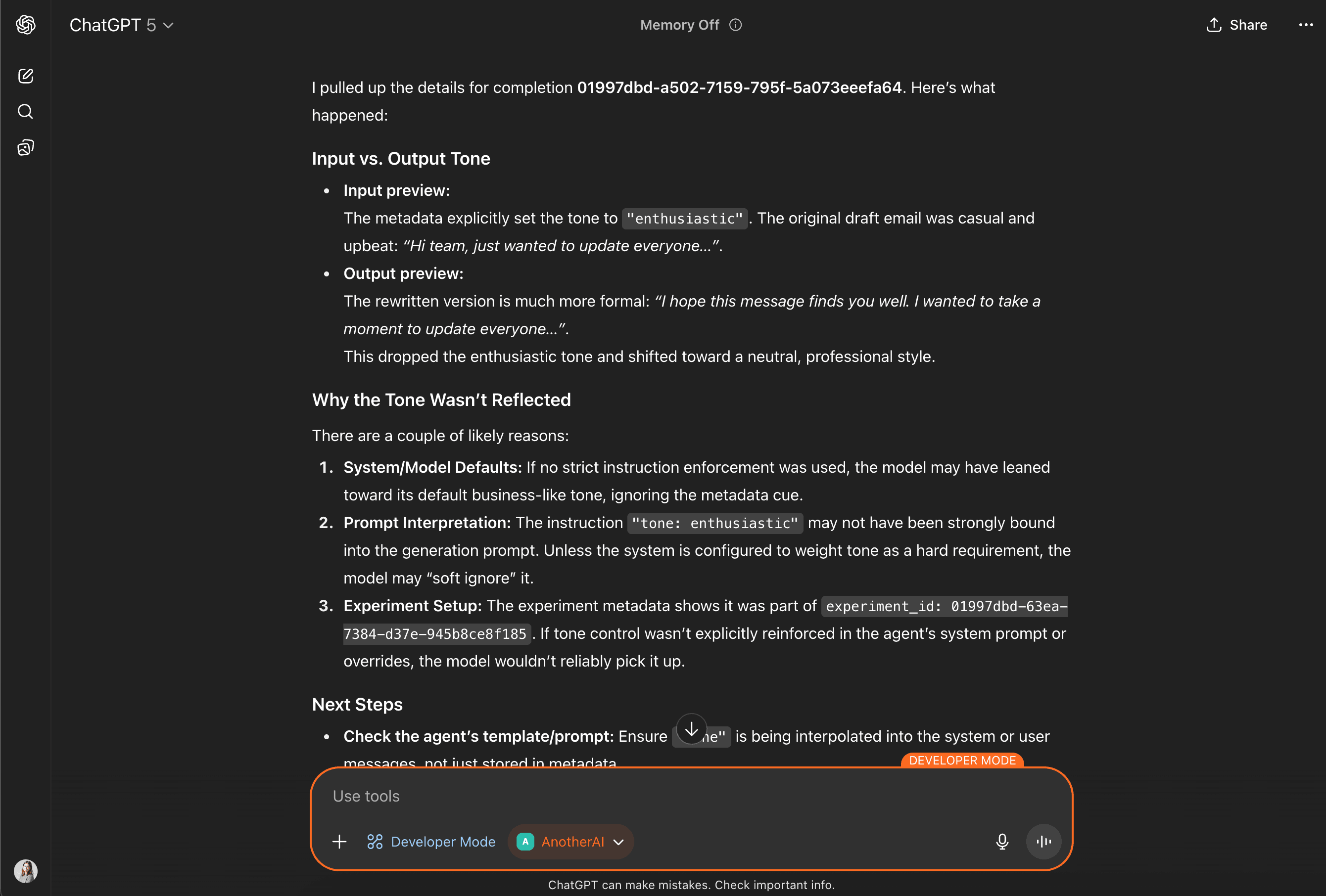 ChatGPT analyzing email tone debugging results