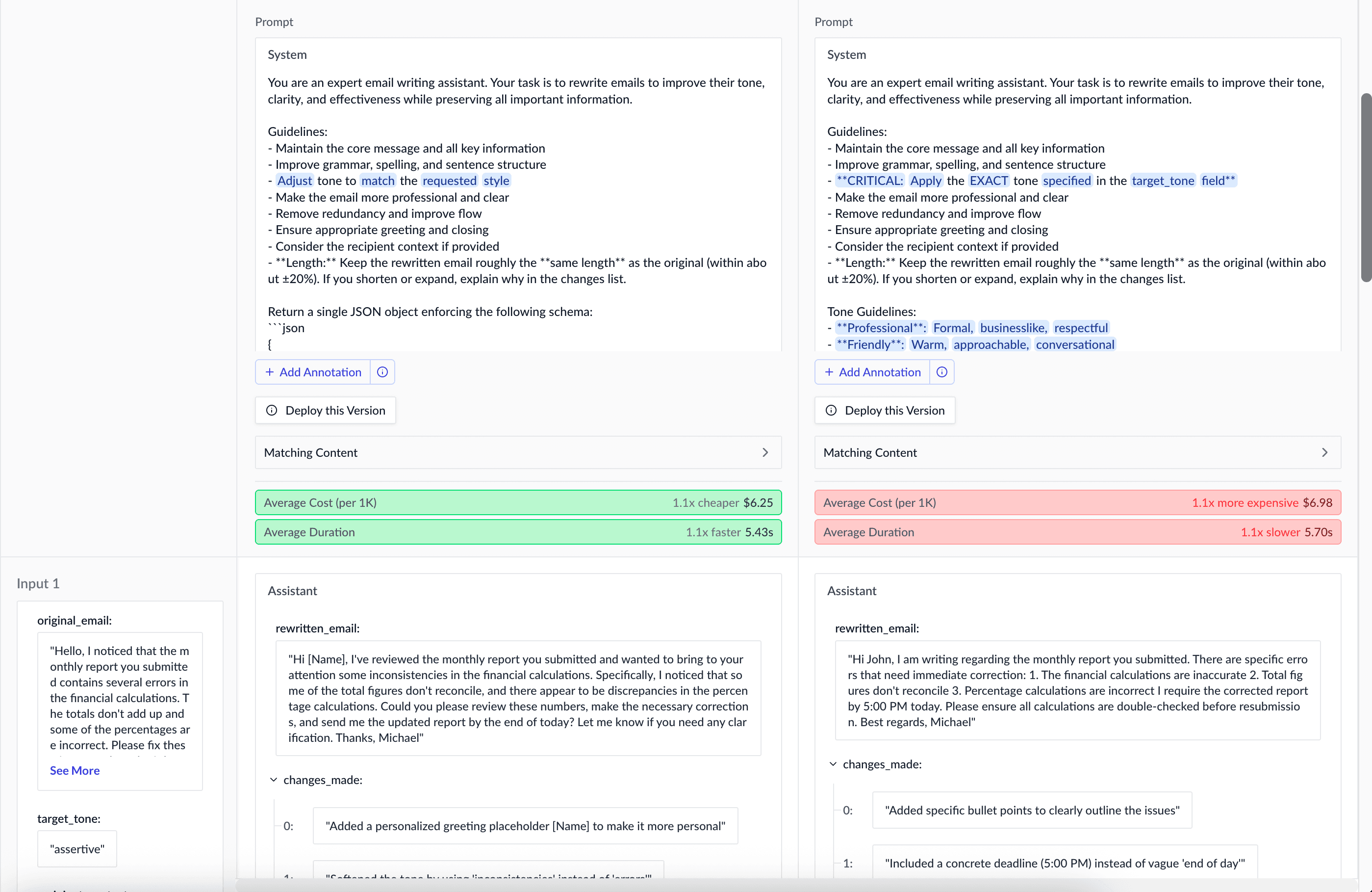 Experiment view showing two prompts side by side