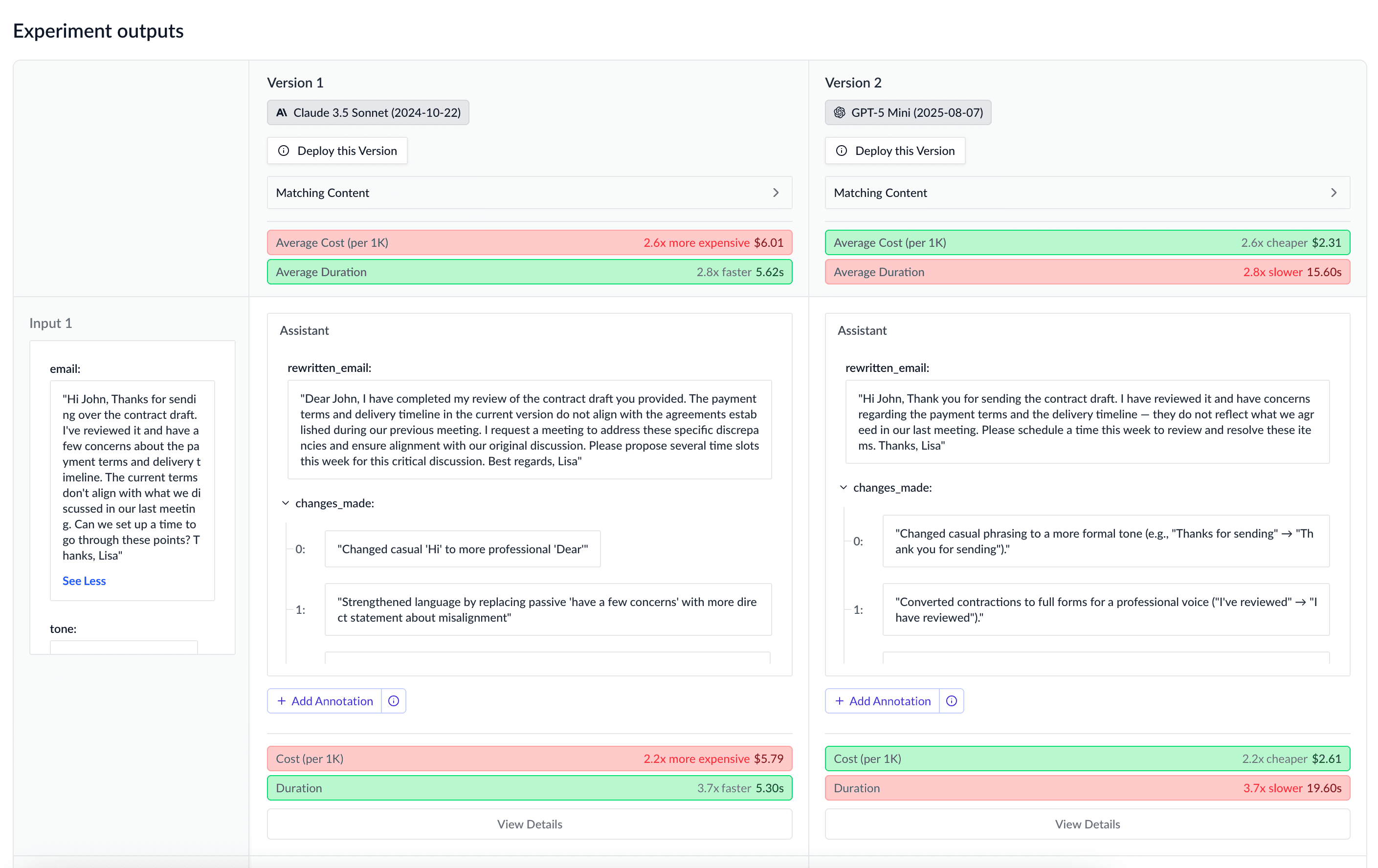 Experiment view showing Claude 3.5 Sonnet vs GPT-5 Mini comparison
