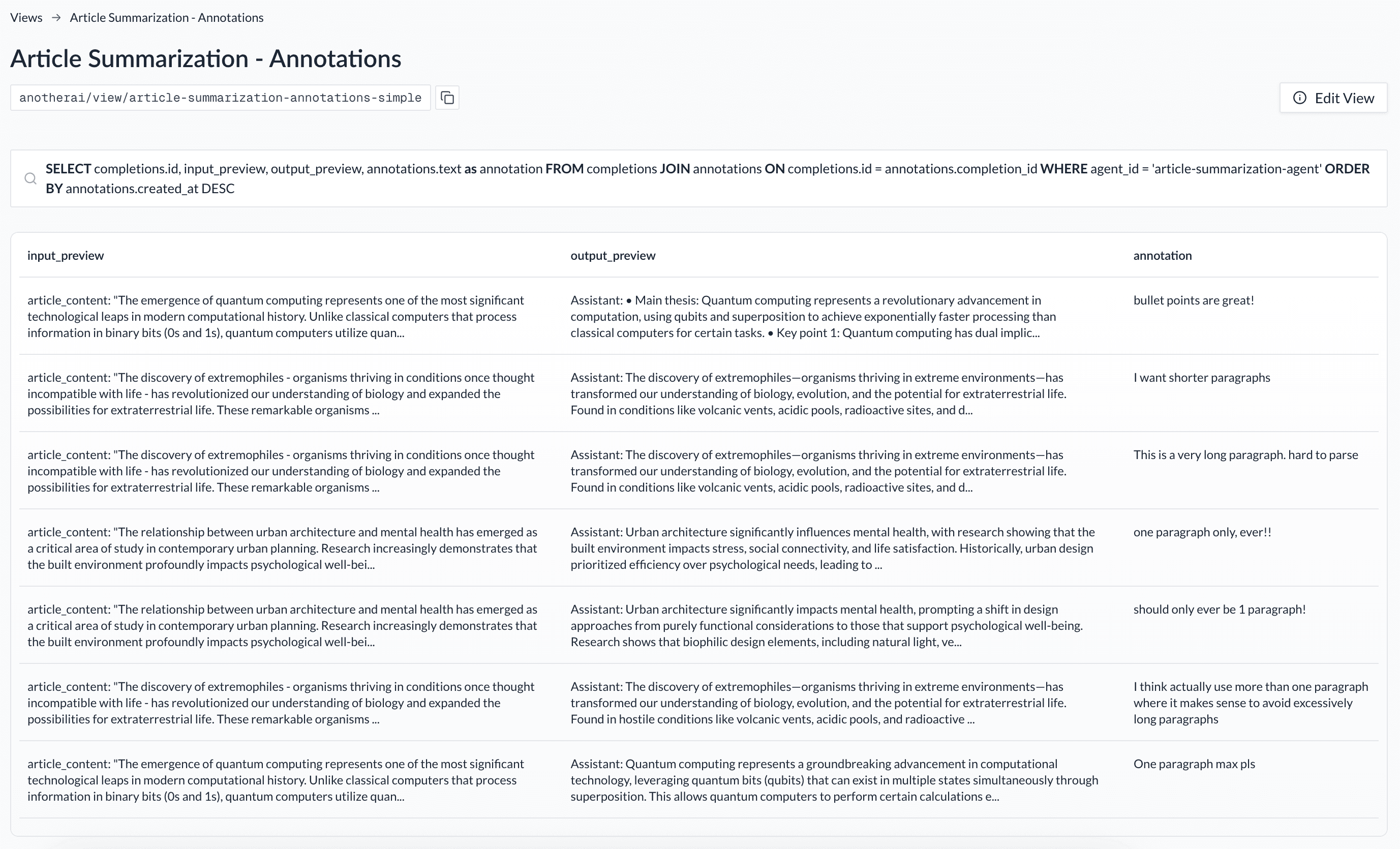 Table view example showing completions with annotations