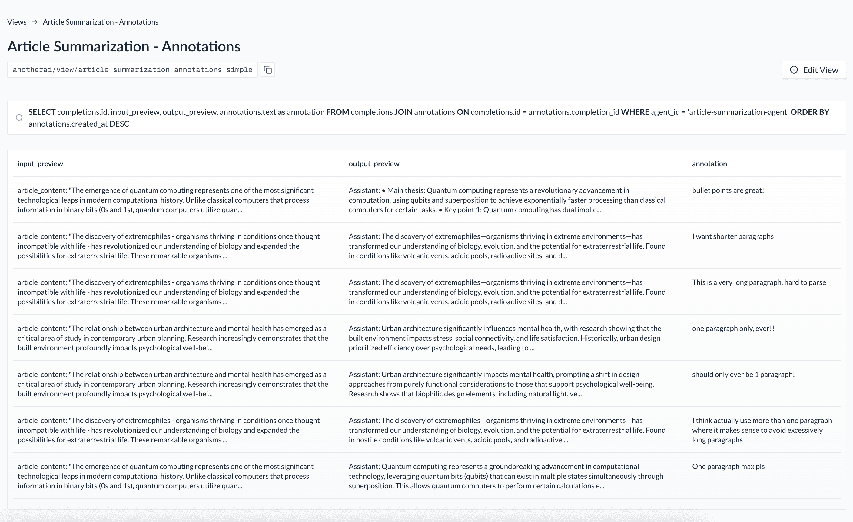 User feedback annotations view