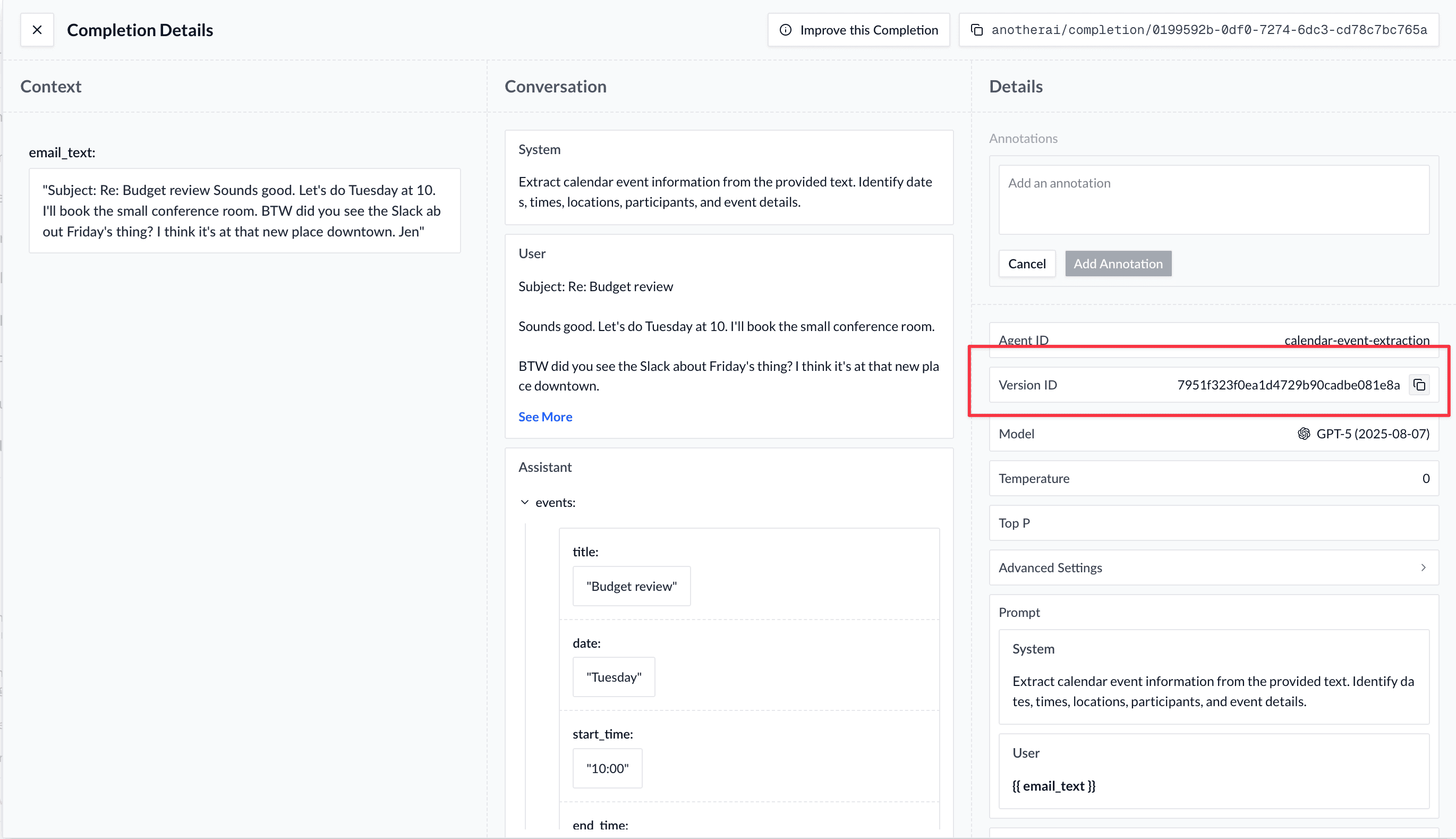Version ID location in the AnotherAI web app
