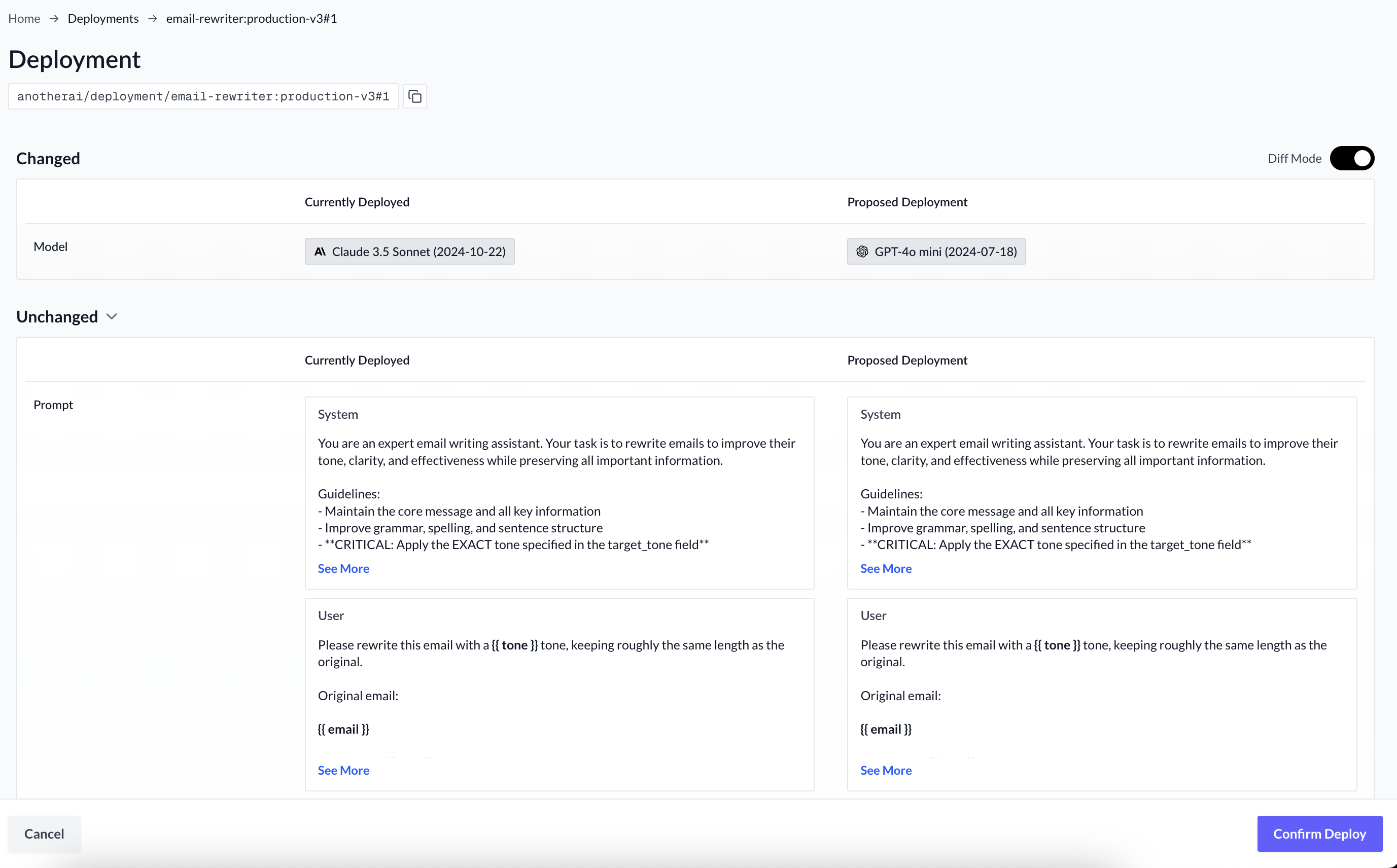 Deployment update confirmation in the AnotherAI web app