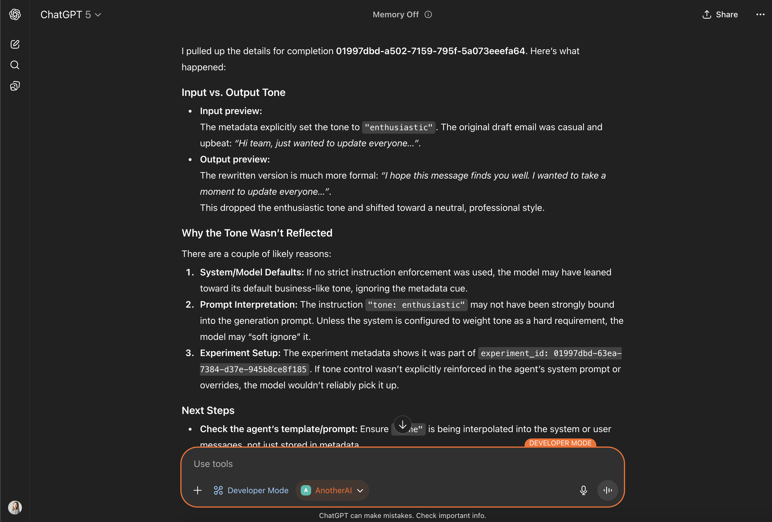 ChatGPT analyzing email tone debugging results