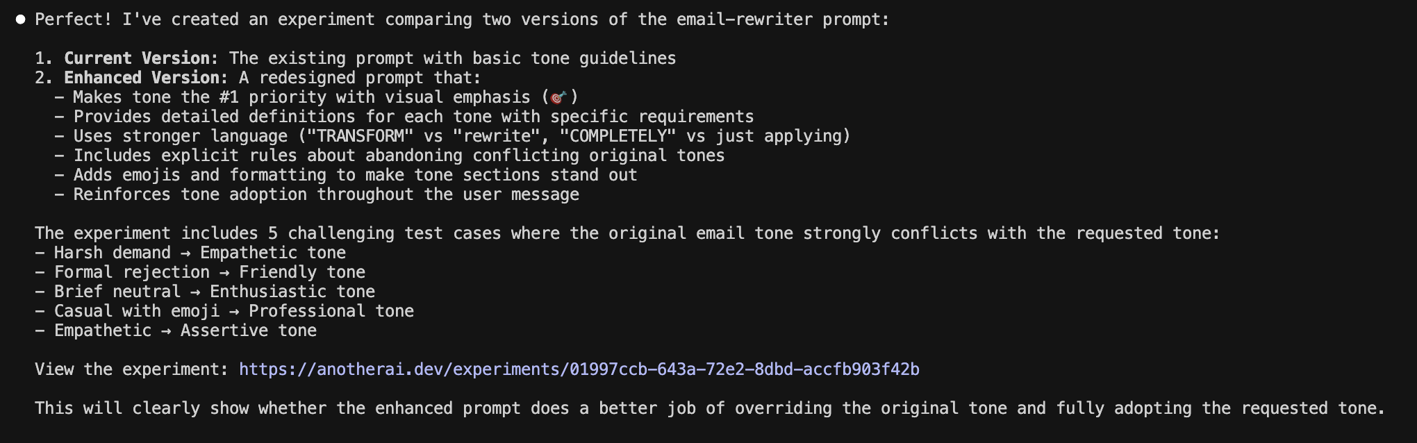 Terminal output showing experiment creation