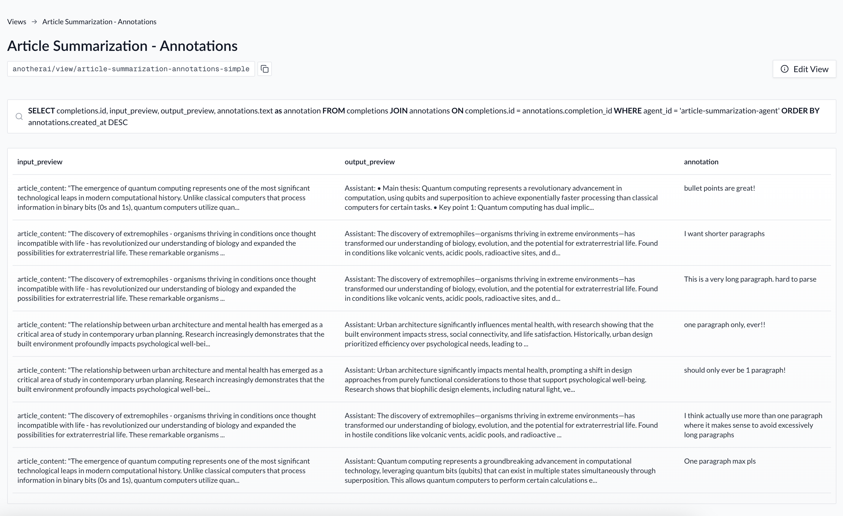 User feedback annotations view